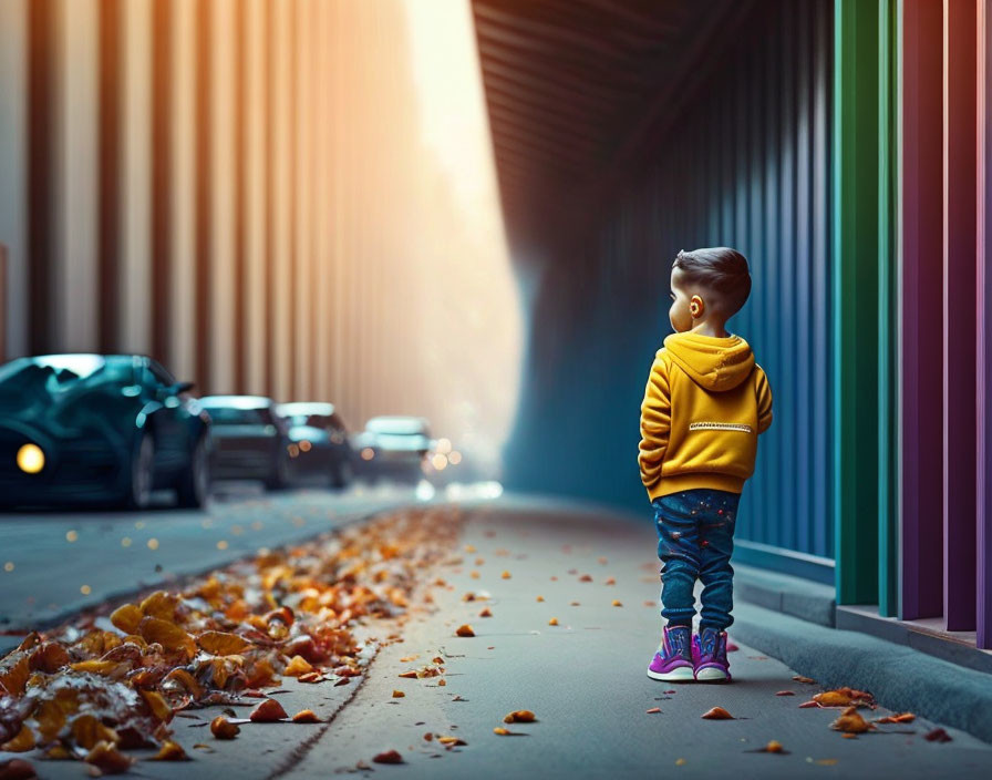 Child in Yellow Hoodie Observing Cars on Sidewalk amid Colorful Buildings and Autumn Leaves