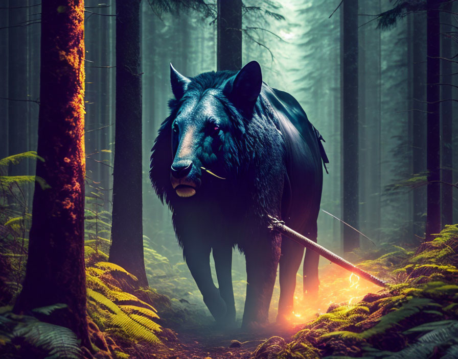 Fantasy illustration: Giant wild boar with glowing eyes in misty forest