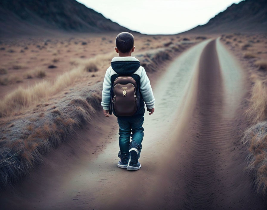 Child with backpack standing in deserted road amidst barren hills