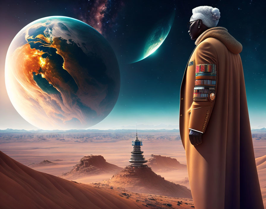 Futuristic outfit person views Earth-like planet and moon from desert planet