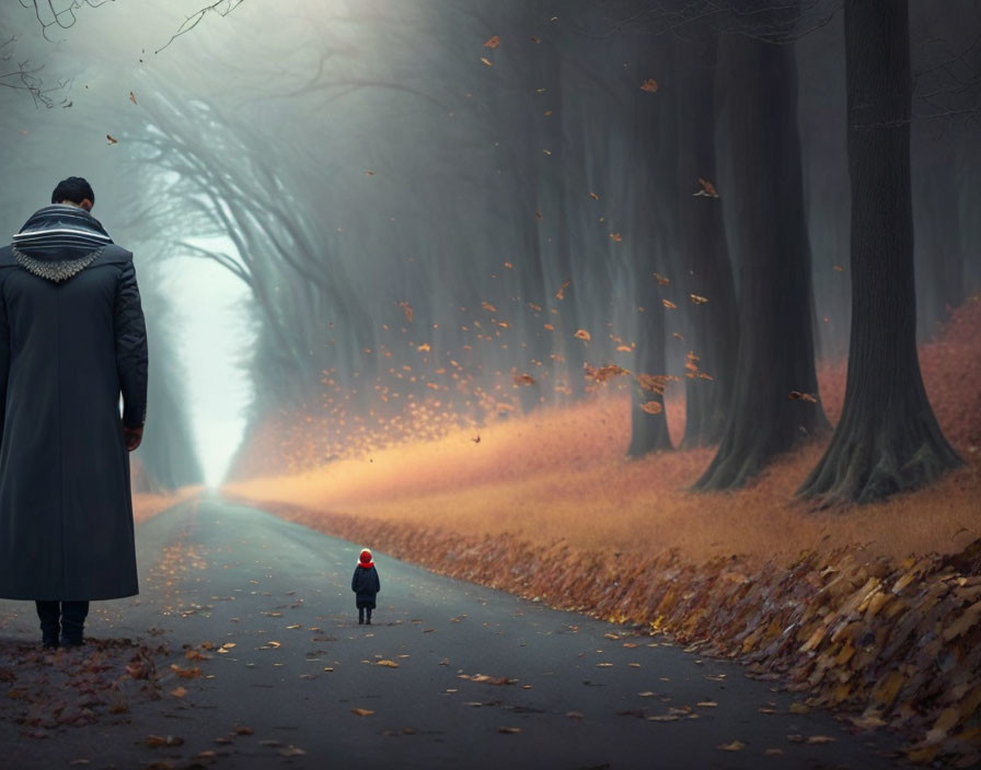 Man in coat gazes down misty autumnal avenue with falling leaves