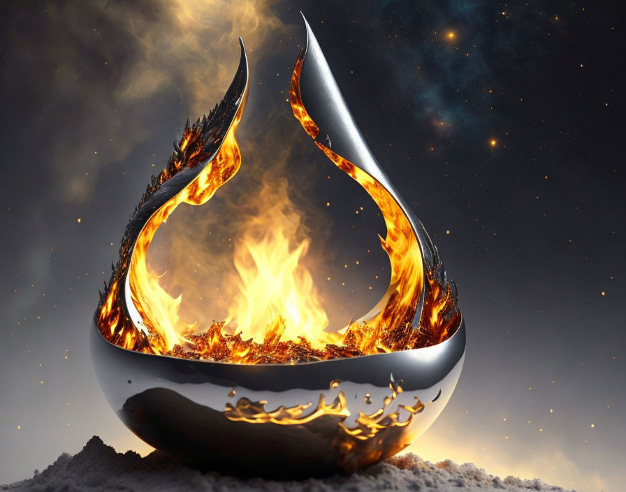 Fiery Abstract Shape in Reflective Bowl with Flames on Starry Sky