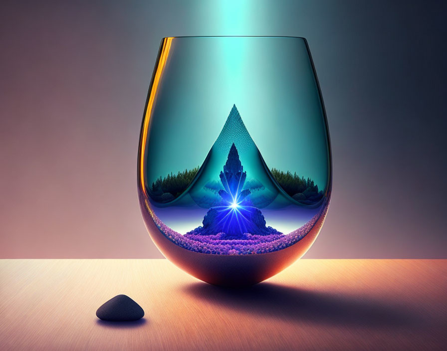 Surreal landscape inside transparent glass: mountain, trees, radiant light