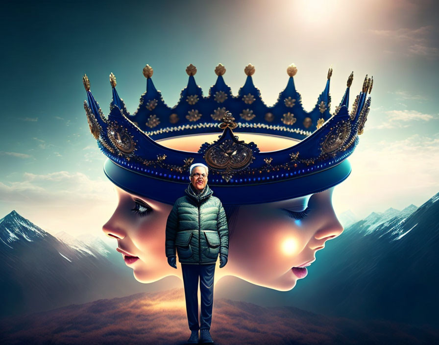 Person standing between giant opposing crown-adorned heads against mountain backdrop