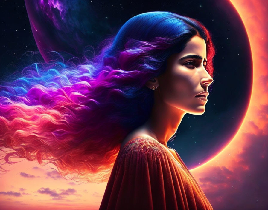 Colorful Woman with Nebula Hair in Cosmic Setting