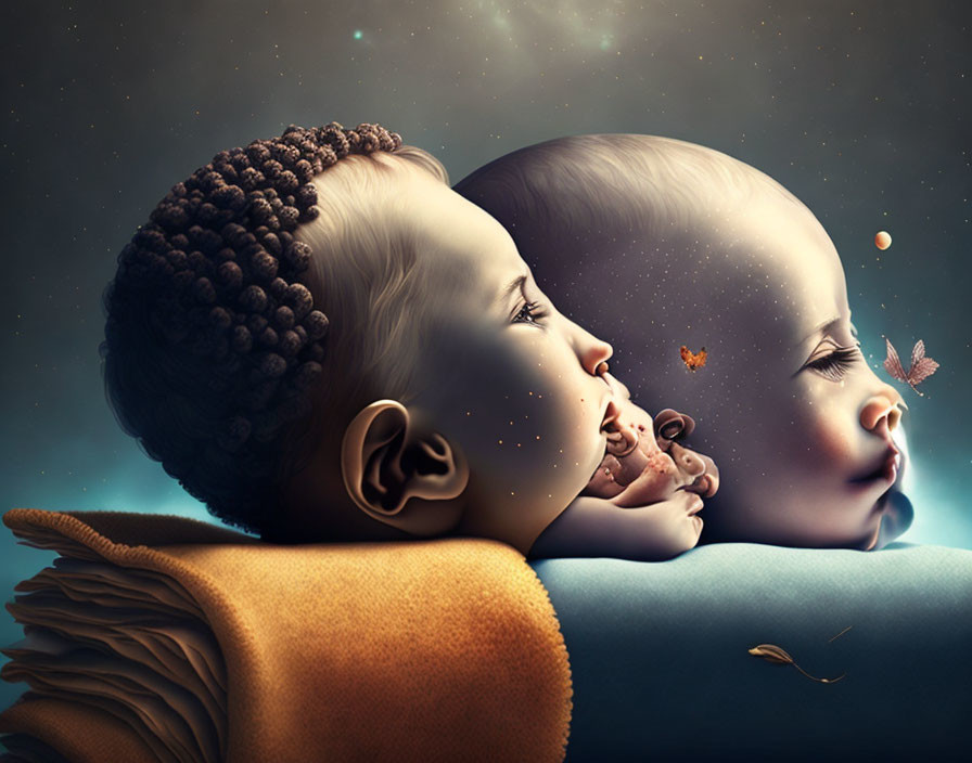 Surreal dual infant heads with universe and nature themes on starry background