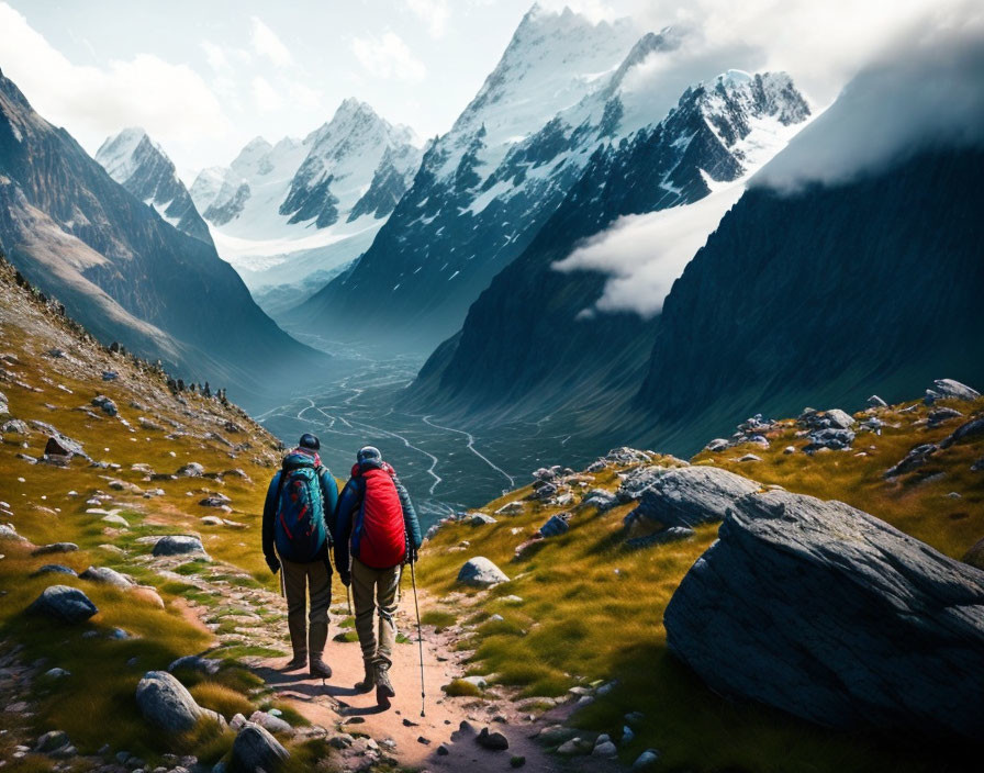 Hikers on mountain trail with snow-capped peaks