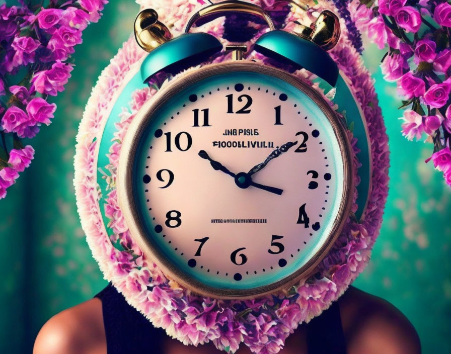 Floral Pattern Alarm Clock Face on Person's Head Amid Purple Flowers