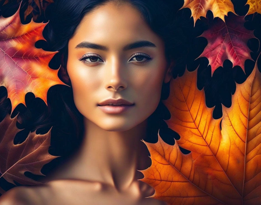 Woman with Dark Hair Among Vibrant Autumn Leaves