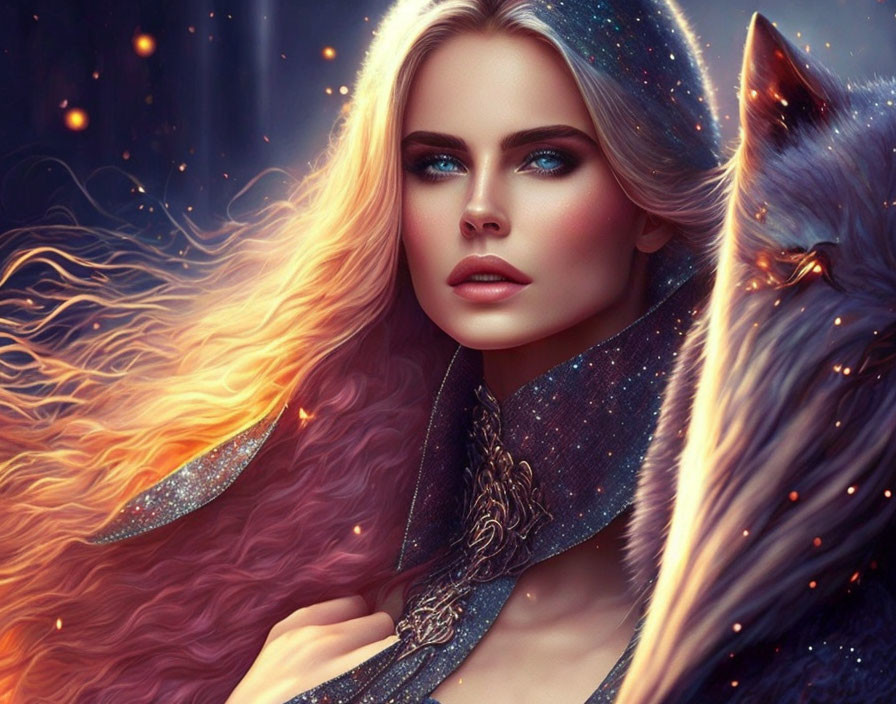 Fantasy portrait of woman with flowing hair and celestial wolf in cosmic backdrop