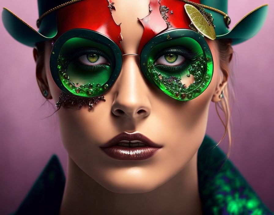 Portrait of woman with green eyes behind cocktail glasses magnified by liquid and leaf motif.