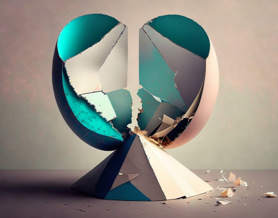 Shattered globe sculpture in teal, peach, and gray tones