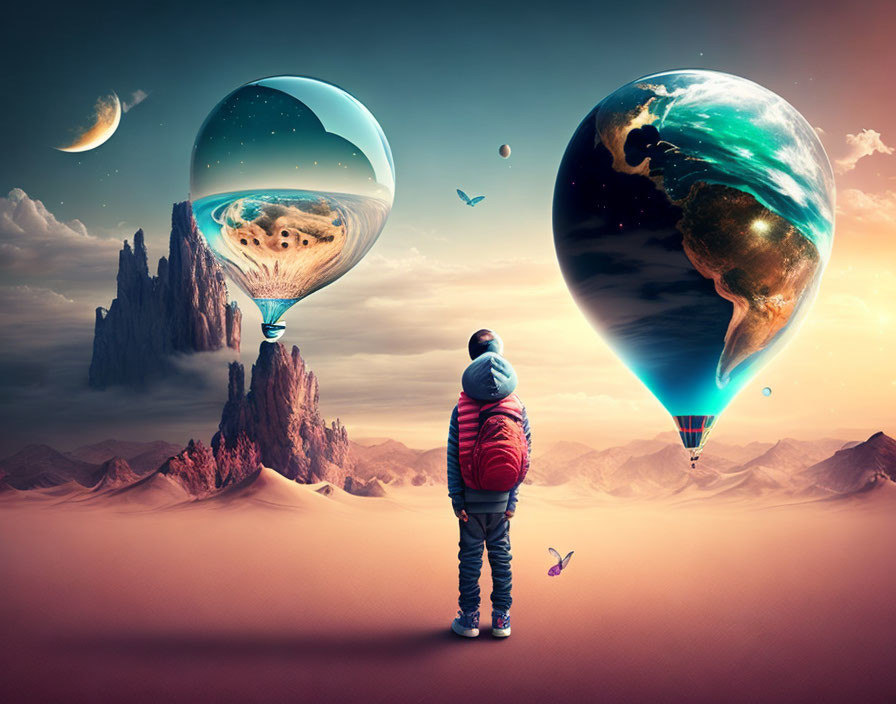 Child in winter jacket admires surreal planet-like balloons over desert with floating rocks.