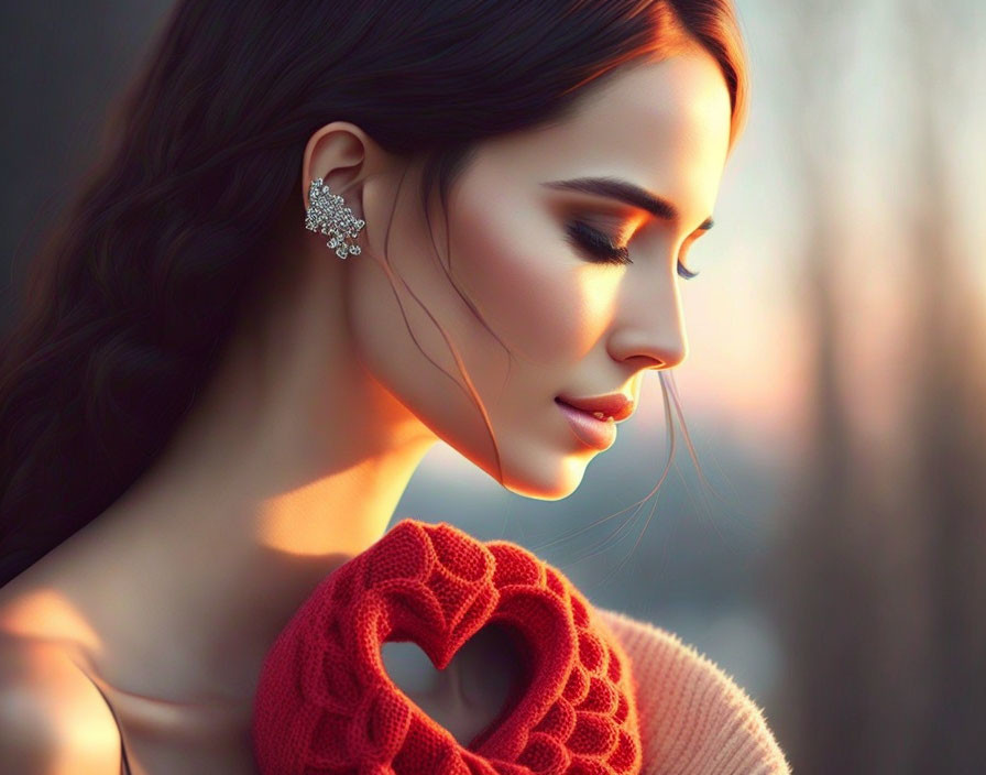 Profile of woman with elegant earring in soft lighting holding red knitted item