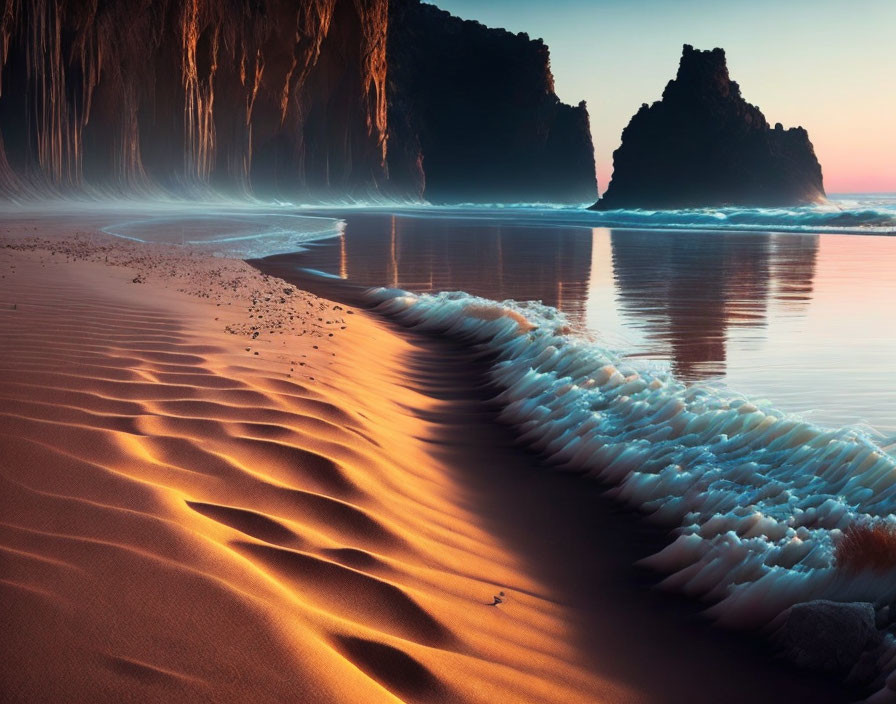 Tranquil beach scene at sunset with sand dunes, wet sand, and rock formations