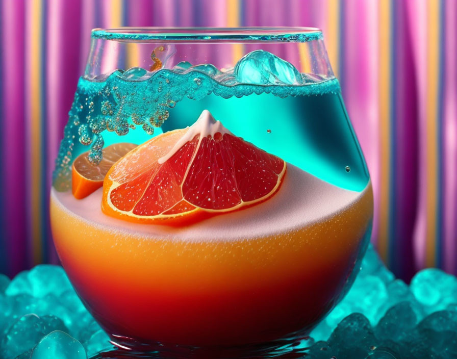 Colorful Cocktail with Orange and Blue Layers on Striped Background