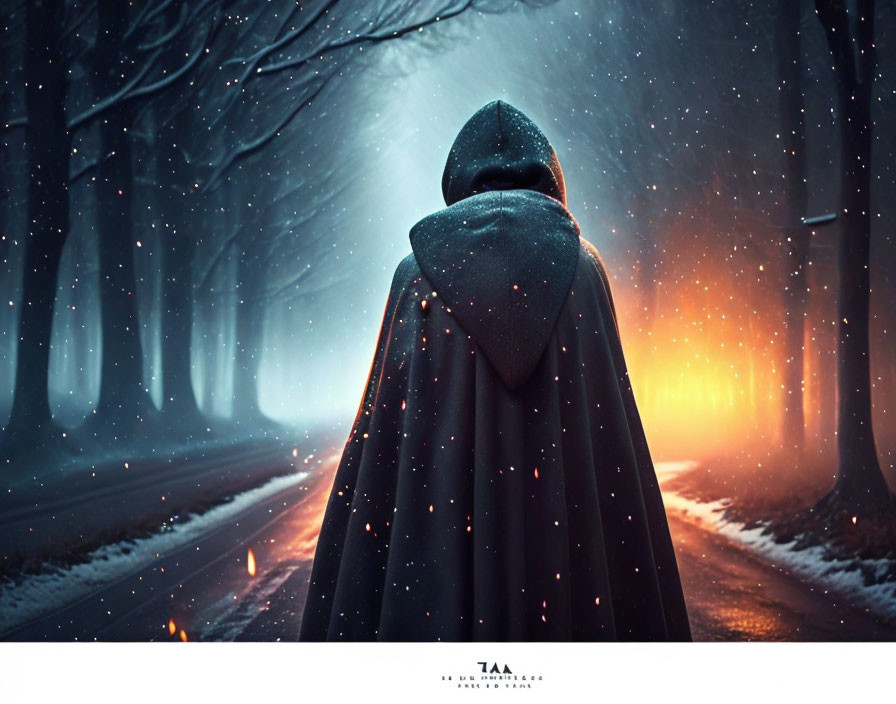 Cloaked Figure on Snowy Road with Streetlamps and Trees