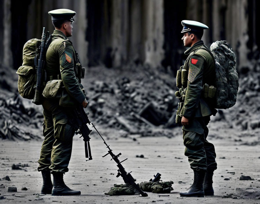 Military soldiers in uniform with rifle in ruins.