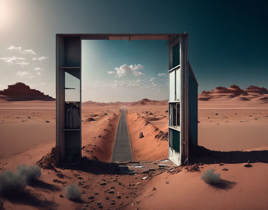 Surreal desert road under starry sky through standalone doorframe