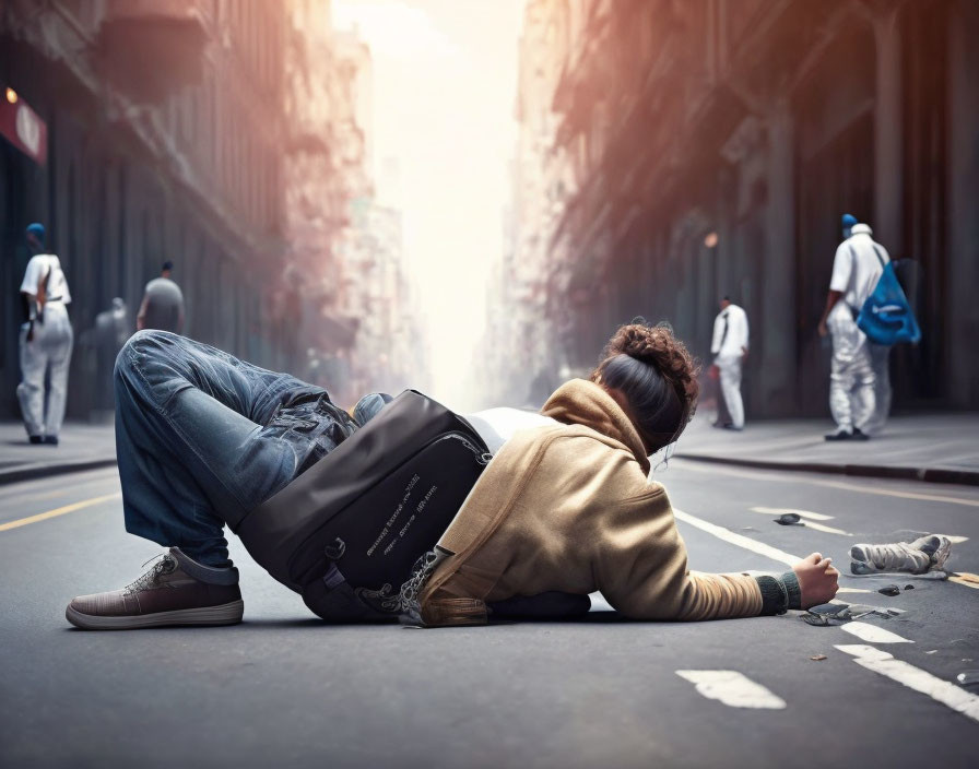 Urban street scene: Person lying face-down with backpack among walking pedestrians