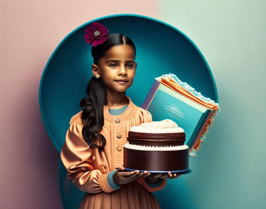 Young girl with side braid holding cake and book against teal background in circular frame