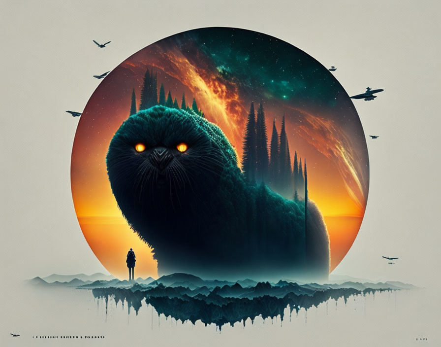 Surrealist artwork: Giant cat with glowing eyes in cosmic forest