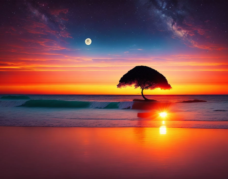 Solitary tree on rock by sea at vivid sunset with moon and stars, waves crashing under colorful sky