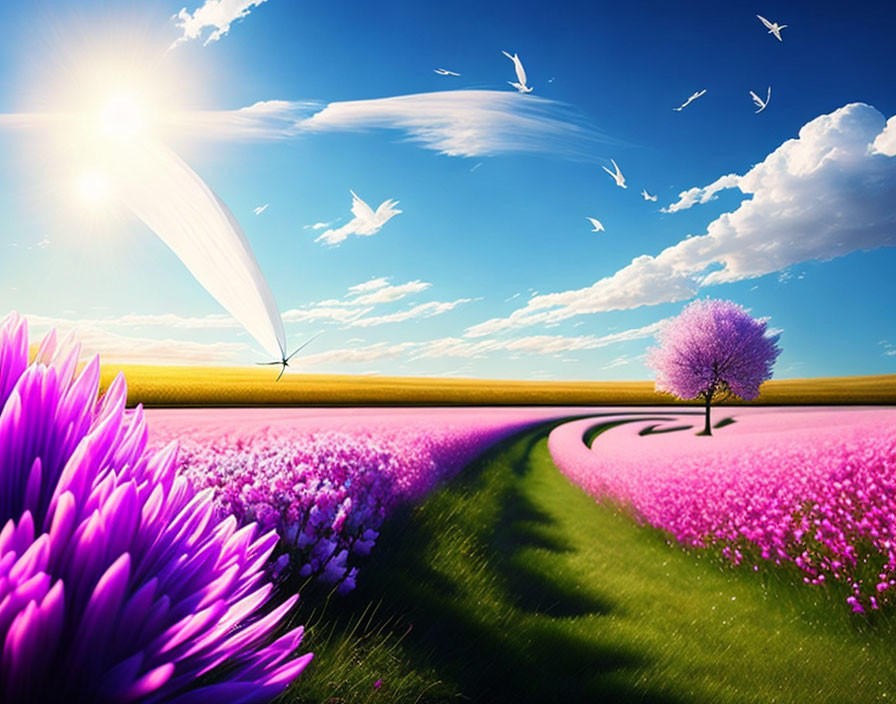 Colorful landscape with pink flowers, lone tree, windmills, and sun representation.