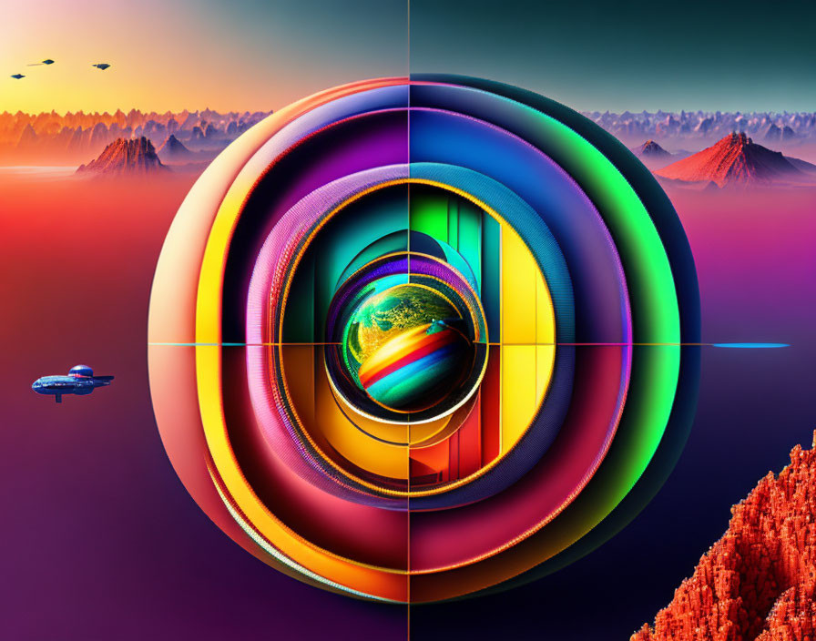 Vibrant concentric circles and Martian landscape with blimp split scene