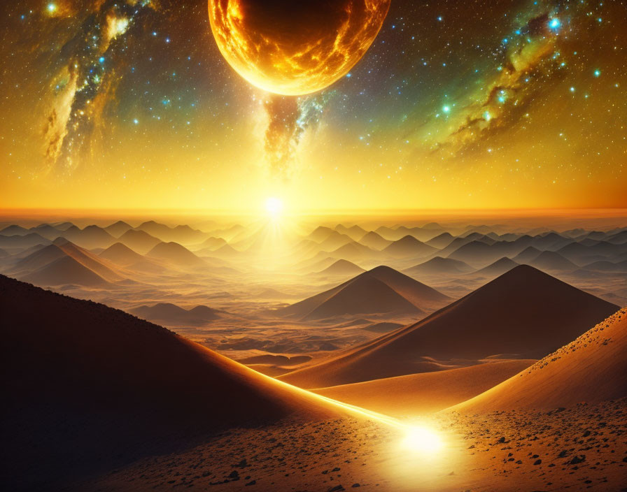 Surreal landscape with sand dunes, starry sky, large planet, and rising sun