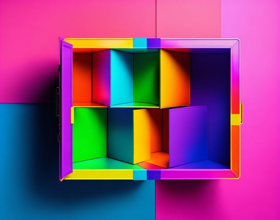 Colorful 3D-rendered open safe with multicolored compartments on pink and blue background