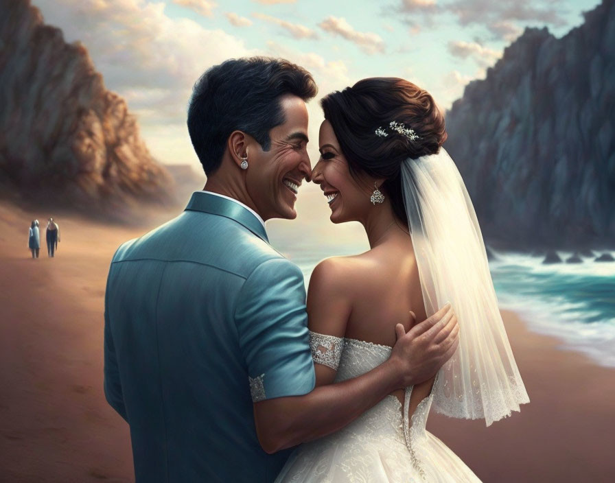 Smiling wedding couple embracing at beach with cliffs and distant walkers