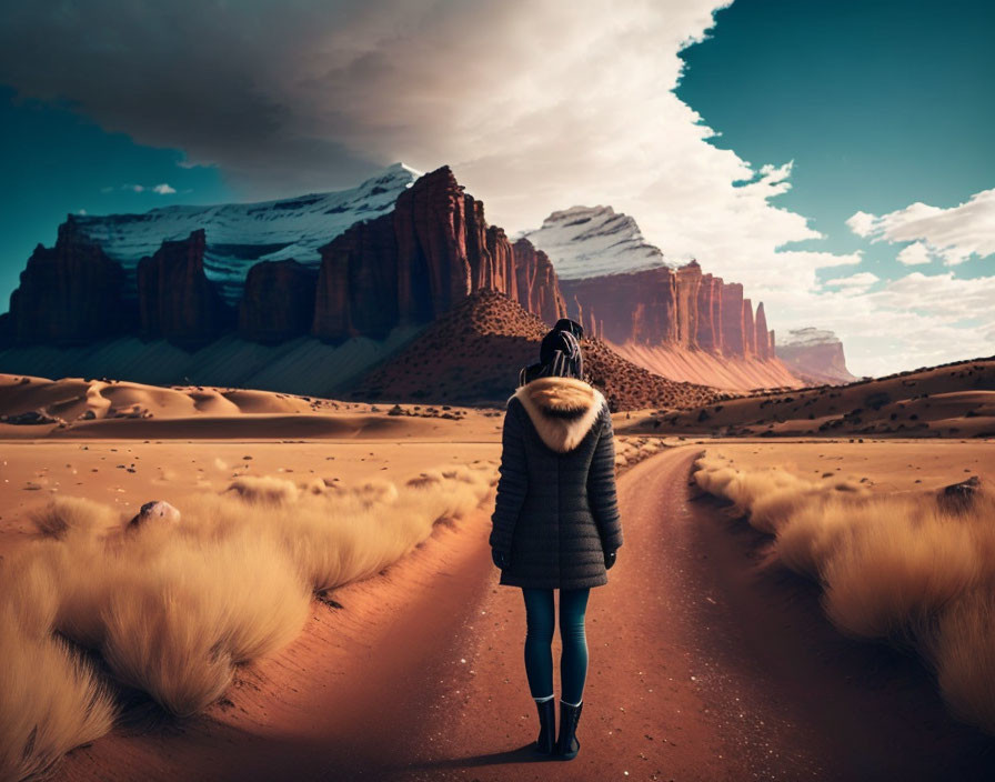 Person in winter coat walks desert road to red rock formations