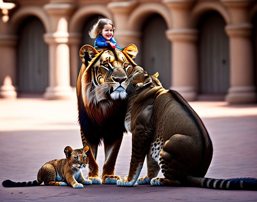 Child riding oversized tiger with playful cub in courtyard setting