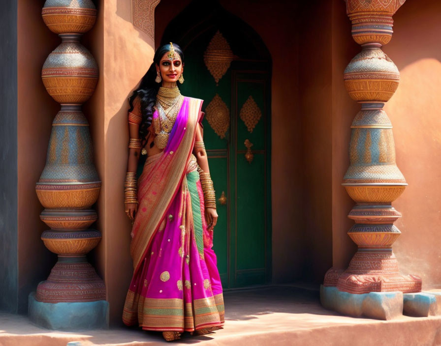 Traditional Indian Attire Woman Beside Carved Pillars and Arched Entryway