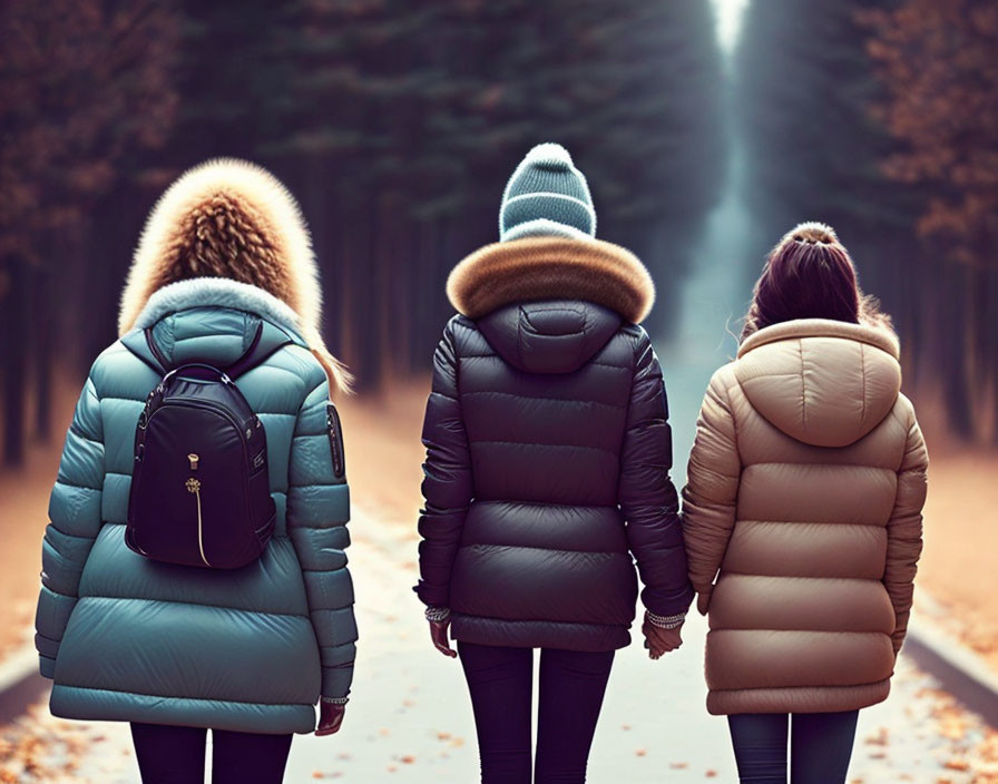 Three people in warm jackets walking on tree-lined path, holding hands.