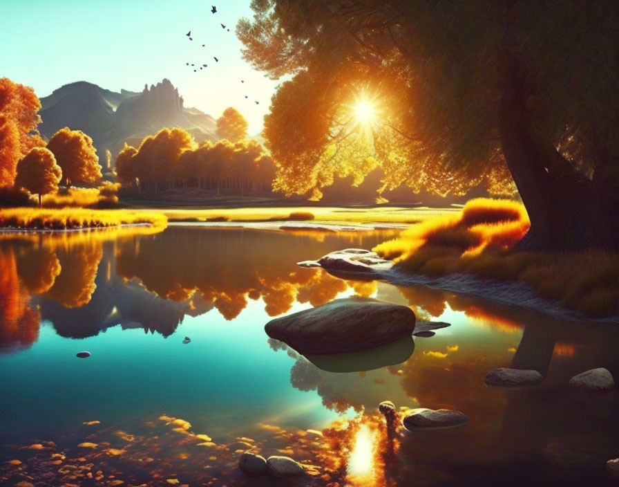 Tranquil Sunrise Scene: River, Stepping Stones, Trees, Mountains