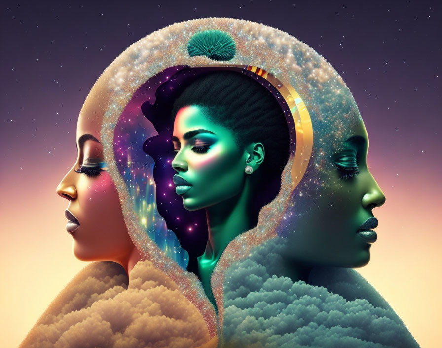 Colorful surreal female profiles against starry sky - unity and mystery