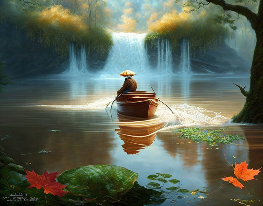 Tranquil river with rower, waterfall, and autumn foliage