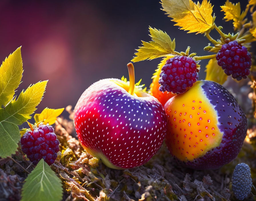 Close-up of dew-speckled fruit: apple, plums, blackberries, and green leaves