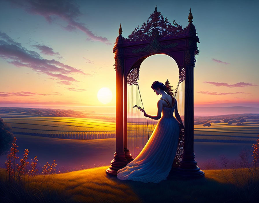 Woman in flowing dress plays harp in ornate archway at sunset