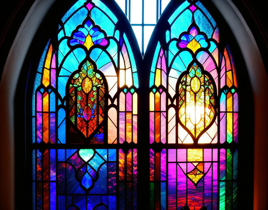 Gothic arch style stained glass window with radiant sunset hues