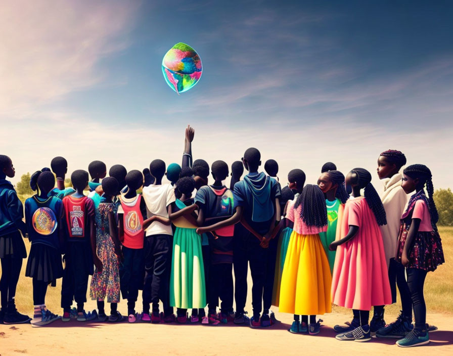 Children observing glowing globe outdoors under blue sky