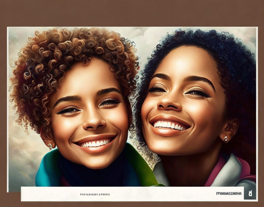 Smiling Women with Curly Hair in Close Pose on Warm Background