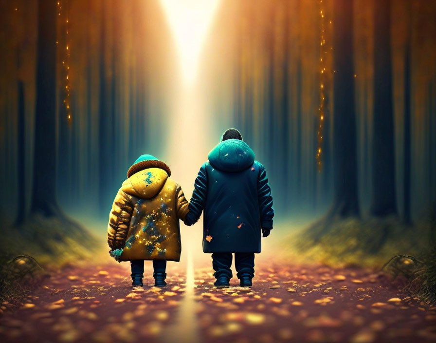 Children walking hand in hand in a sunlit forest path