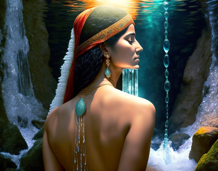 Woman with headband observing water droplets in clear pool with waterfalls.