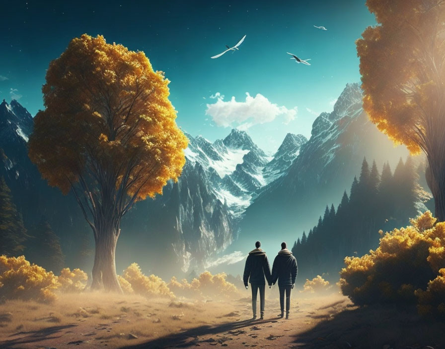 Two people walking towards snow-capped mountains amidst golden-leaved trees and flying birds.