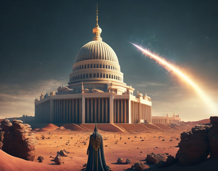 Fantastical United States Capitol with Comet in Desert Landscape