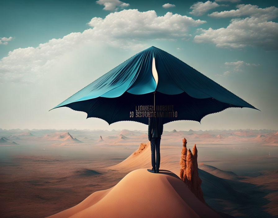 Surreal blue parasol with drop shape centerpiece in desert landscape