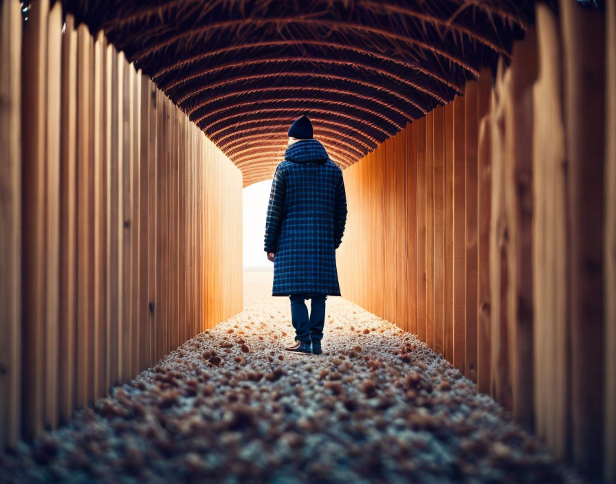 Person in coat and beanie walking through warm-lit wooden tunnel